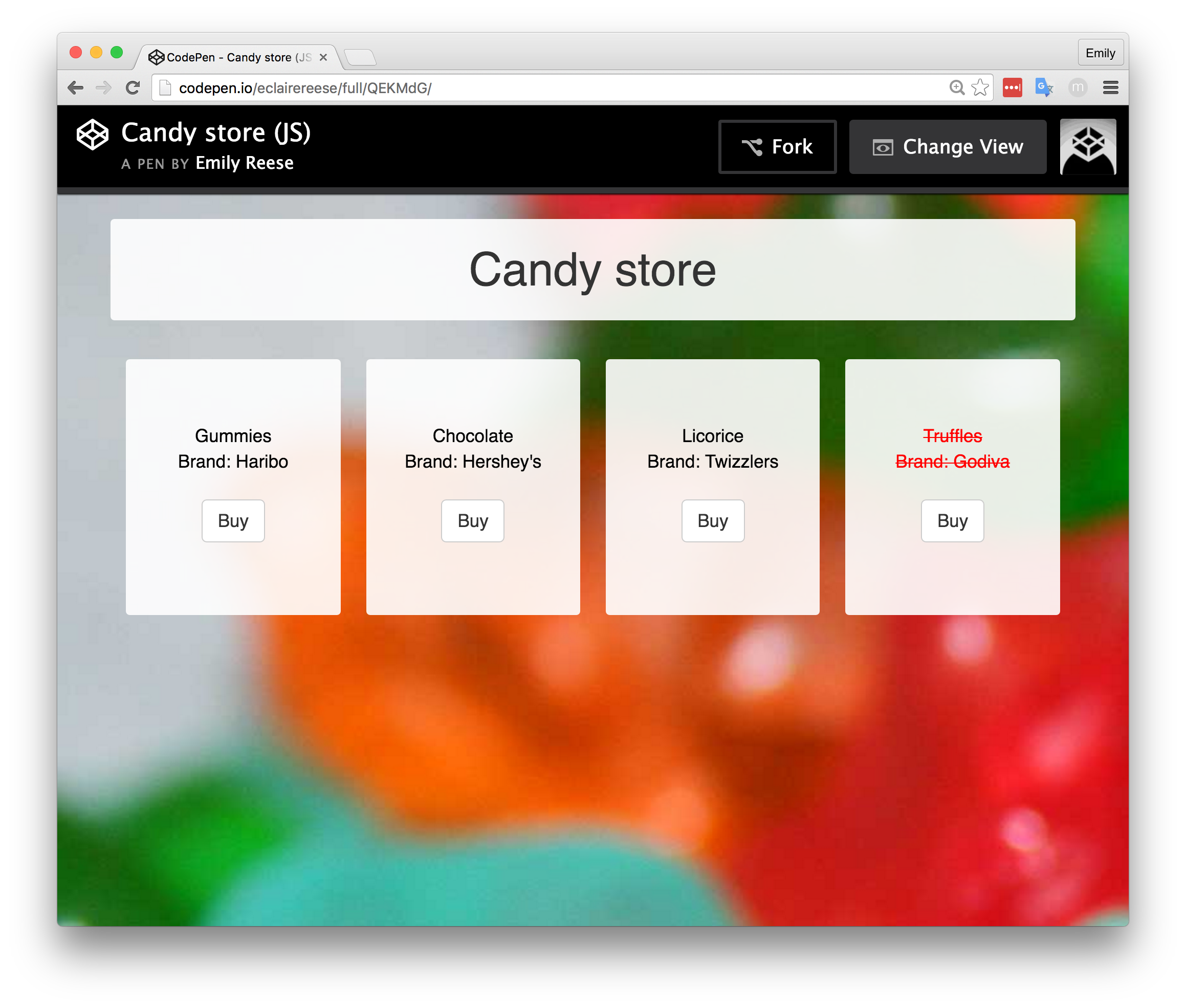 Candy list loaded via JSON