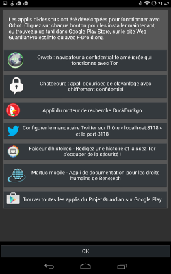 Liste des applications recommandées par Orbot