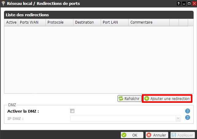 Emplacement du bouton d'ajout d'une règle de redirection sur une Freebox
