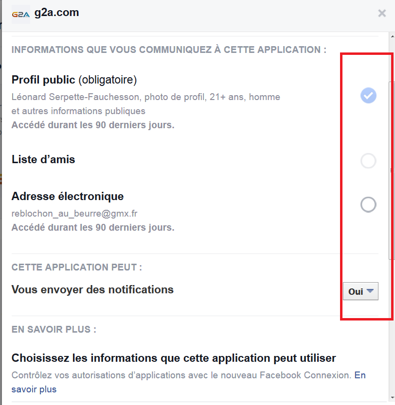 Sélectionner les informations envoyées au site/application