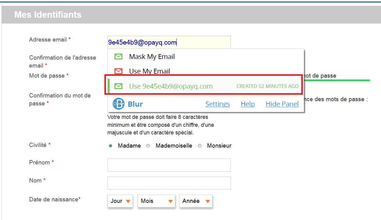 Le fake compte apparaît en dessous de Use My Email, avec en prime la date de sa création ;)
