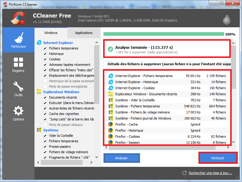 Analyse avec CCleaner sur Windows 7