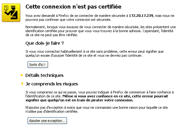 Alerte de sécurité sous Firefox. Image tirée de linuxfr.org