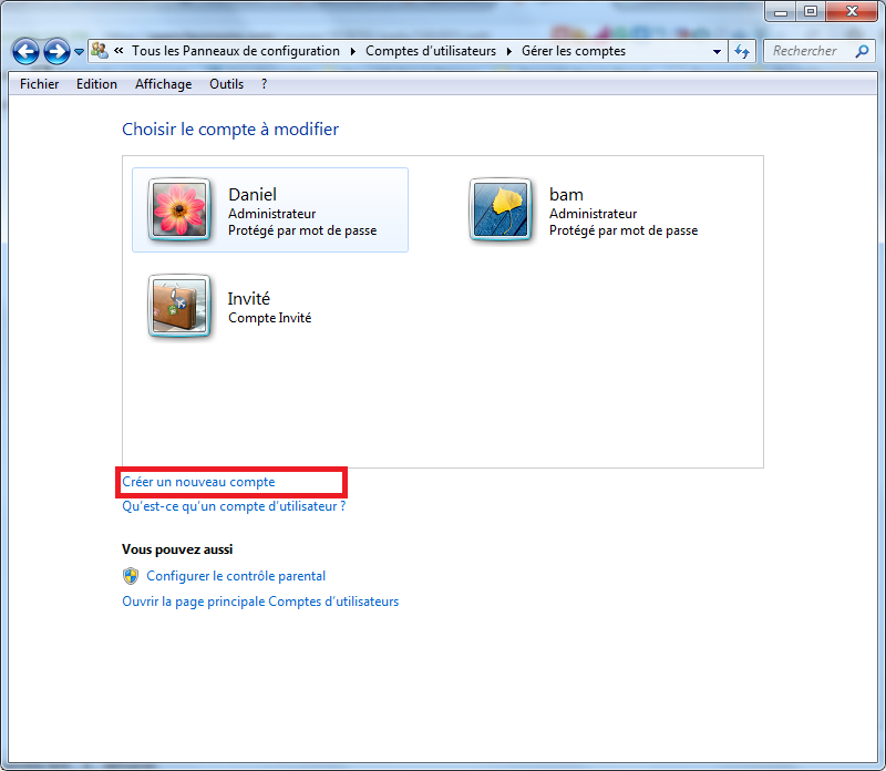 Création de compte sur Windows 7