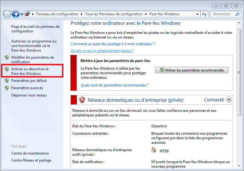 Vérification de l'état du Pare-feu dans Windows 7