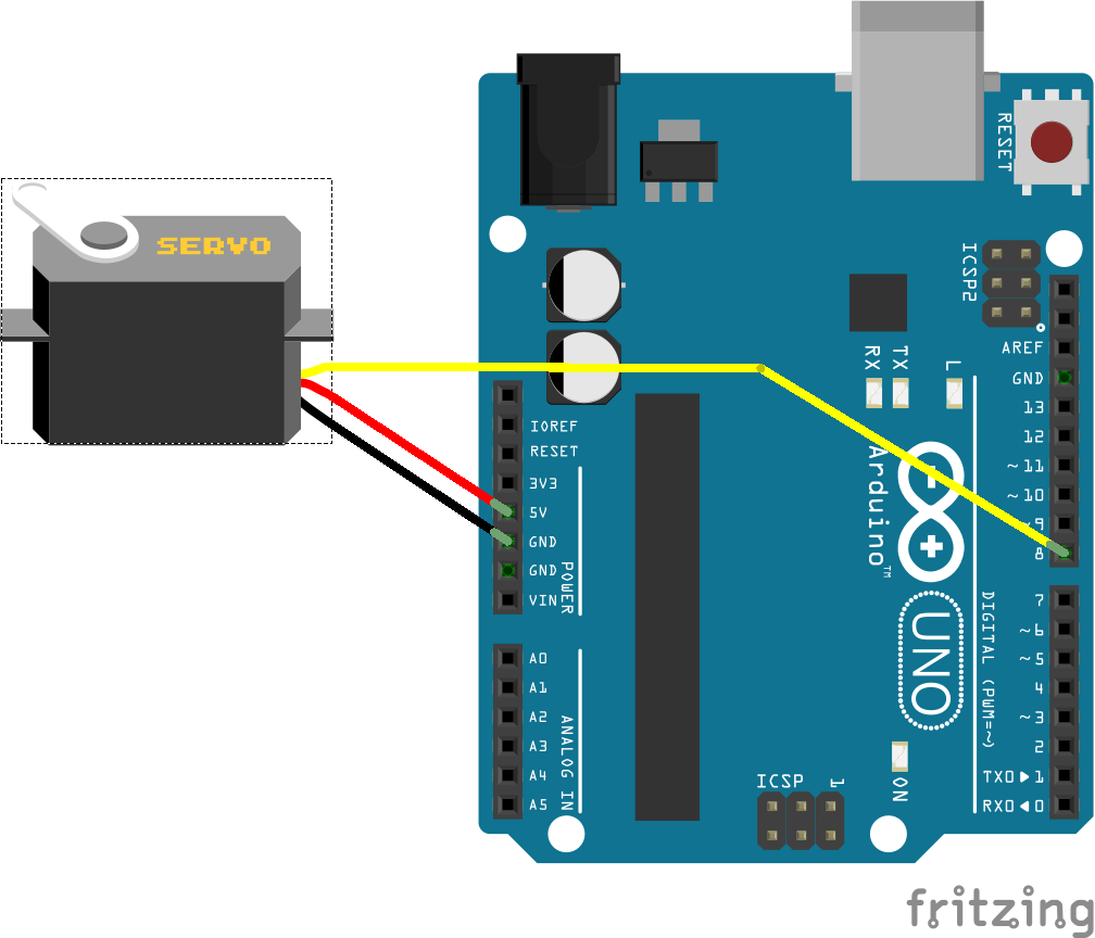 Connexion d'un servo-moteur au pin 8 de l'Arduino