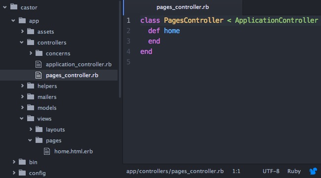 Capture d’écran du fichier app/controllers/pages_controller.rb dans le logiciel Atom