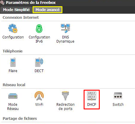 Emplacement des Paramètres DHCP sur une Freebox