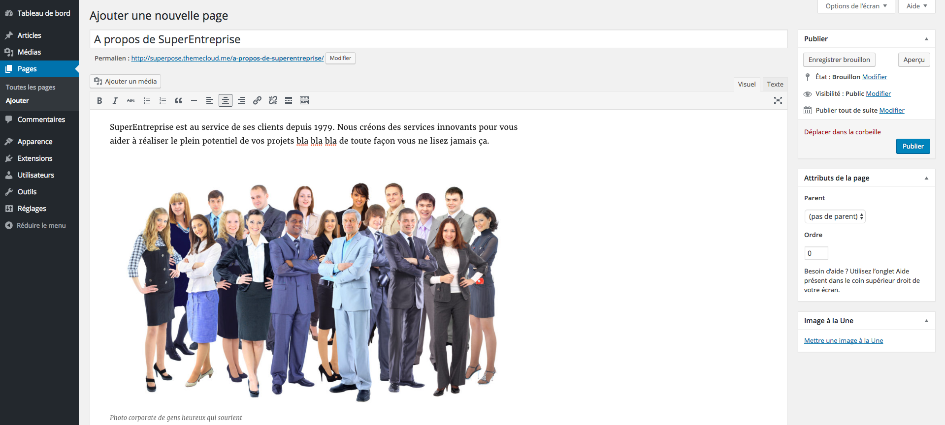 Editeur de page de WordPress