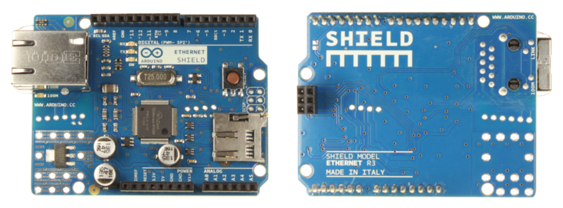 Arduino shield ethernet vu de dessus (à gauche) et de dessous (à droite)