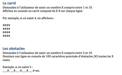 Aperçu d'un exercice (ici pour s'entraîner sur les boucles en JavaScript)