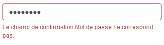 Message pour erreur dans la confirmation du mot de passe