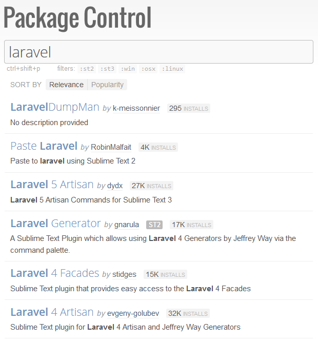 Recherche des plugins pour Laravel