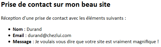 Le message pour l'administrateur