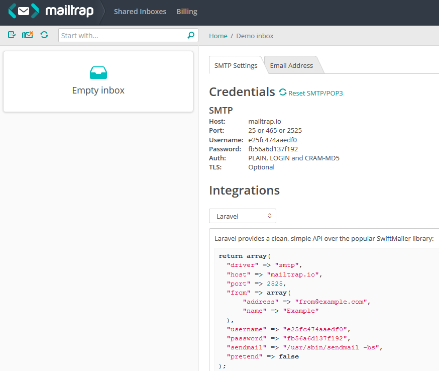La boîte de message de MailTrap