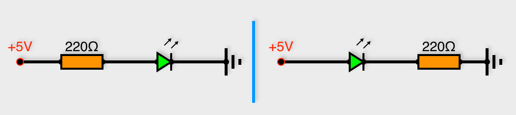 Branchement d'une LED en série avec une résistance (les deux montages sont corrects)