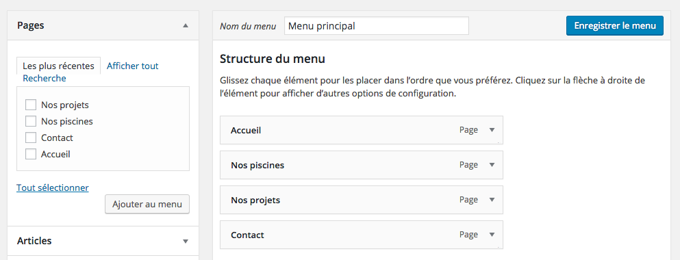 Menus de SuperPose dans l'admin