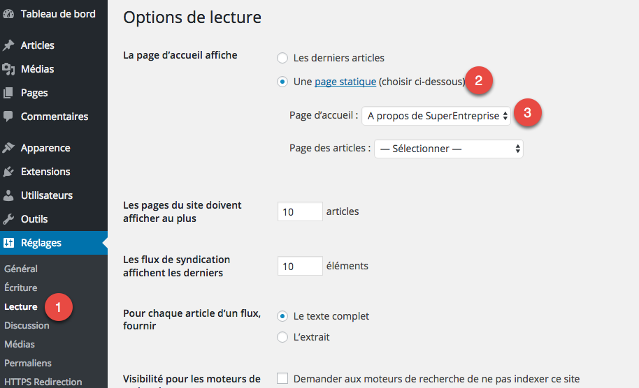 Configurer la page par défaut sur WordPress