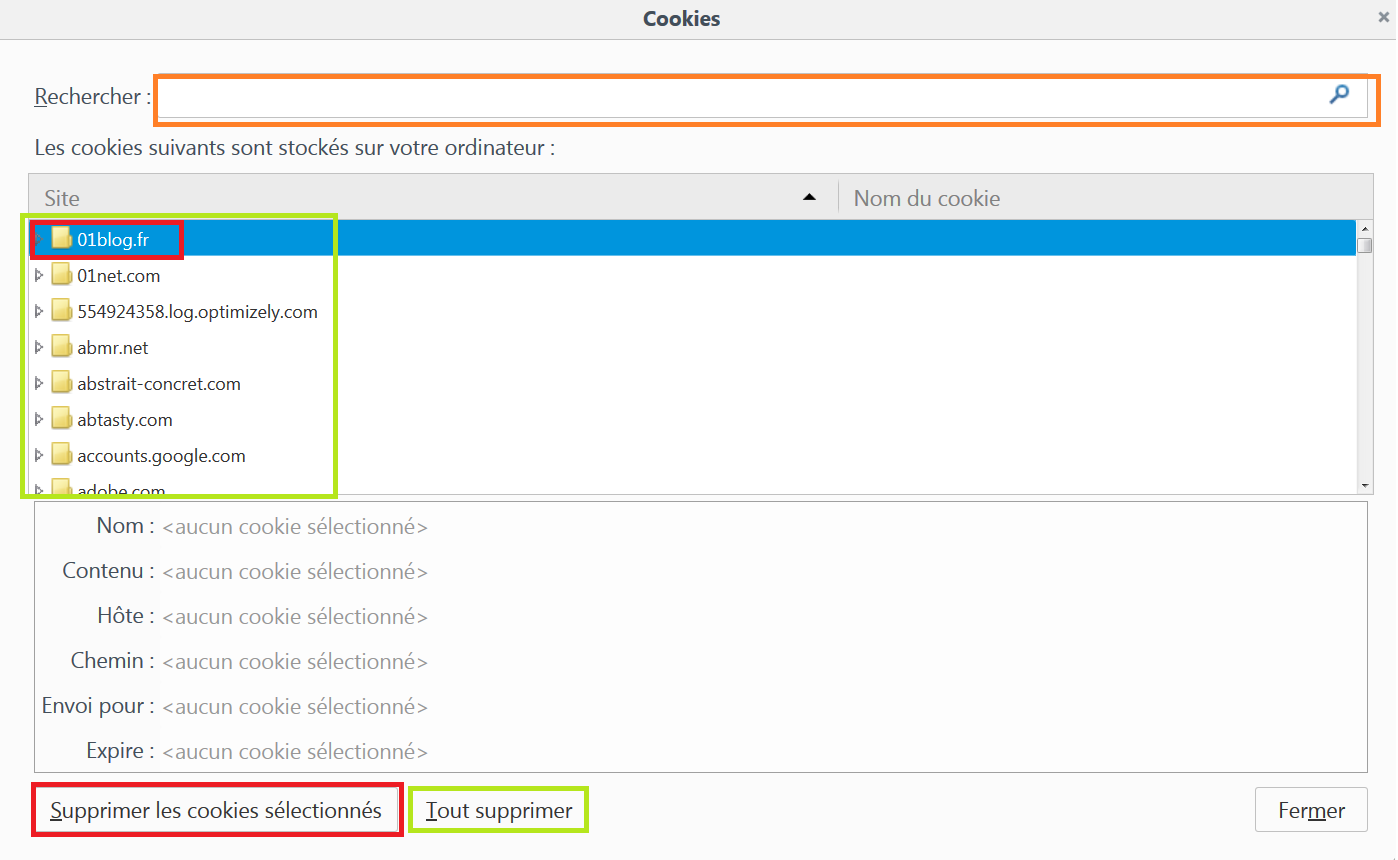Dans l'encadré orange, la fonction de recherche. En rouge, la fonction de suppression pour les cookies sélectionnés. En vert, la fonction pour supprimer tous les cookies.