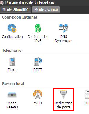 Emplacement des paramètres de Redirection de port sur une Freebox