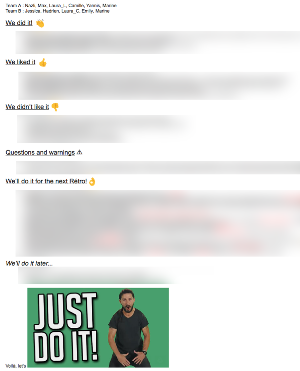 A retro debrief, written by someone in the team