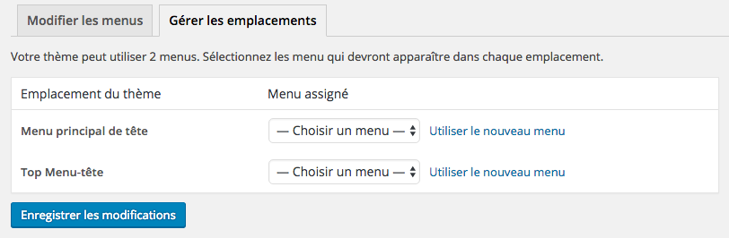 Sélection de l'emplacement du menu