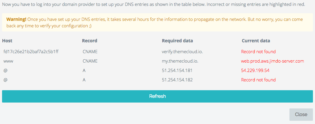 Themecloud nous indique quelles informations ajouter dans la zone DNS