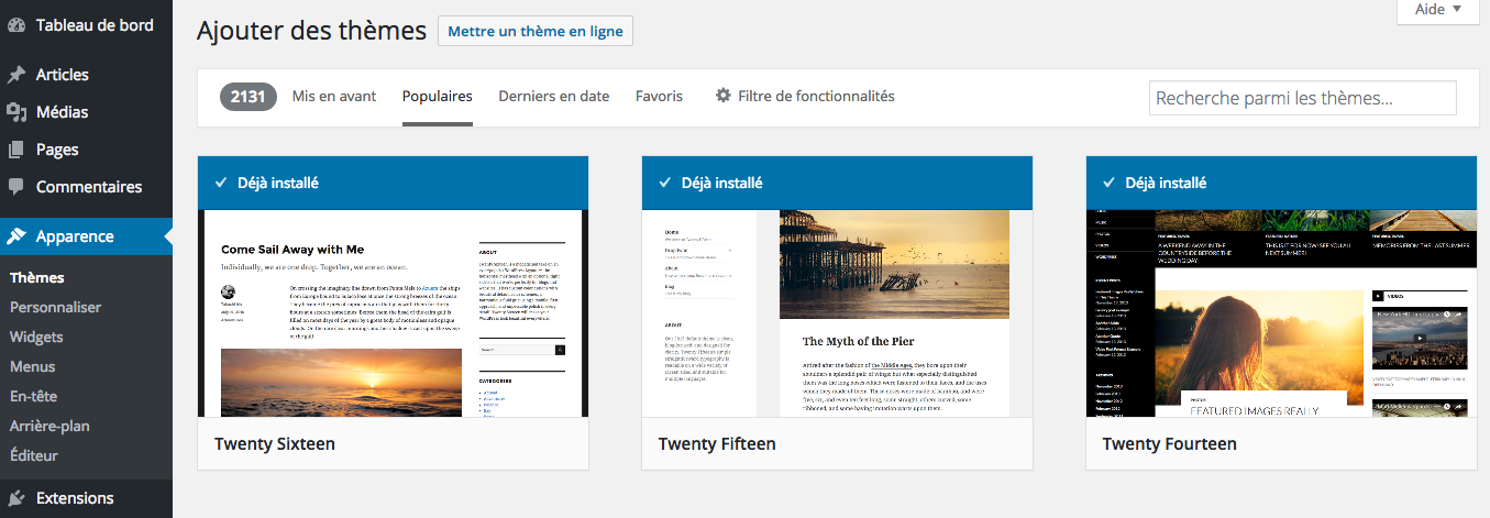 Le sélecteur de thèmes de WordPress