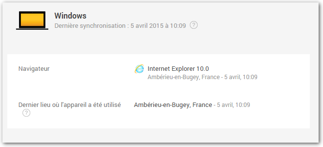 L'historique de connexion indique une connexion depuis Ambérieu-en-Bugey le 5 avril
