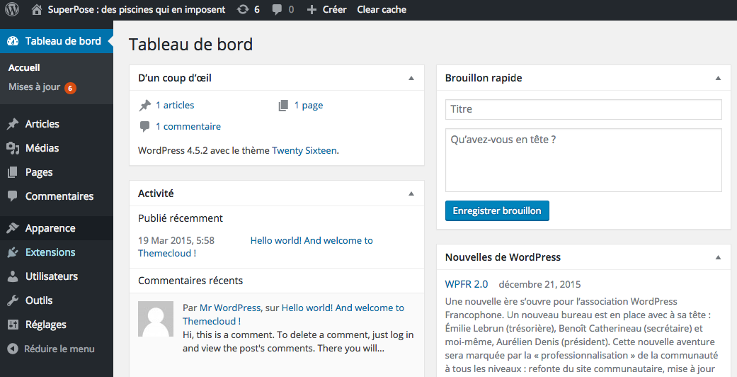 Page d'admin de WordPress