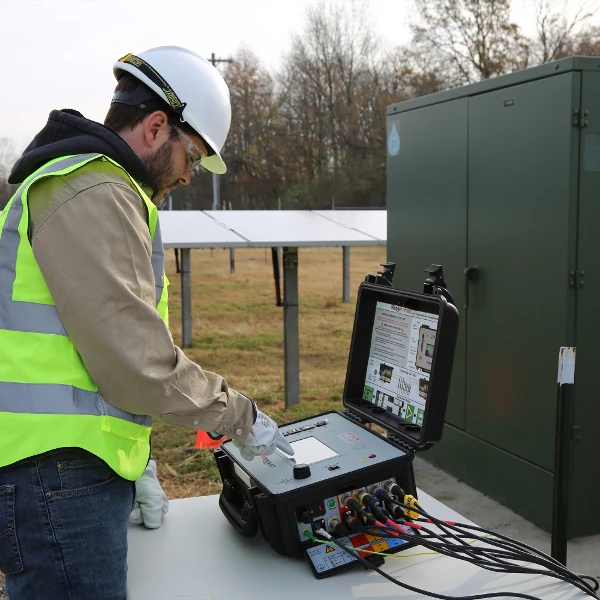 Engineer using the Megger TTRU3 true 3-phase transformer turns ratiometer
