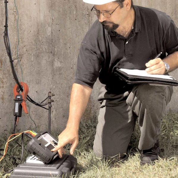 Engineer using the Megger DET3 Terminal Earth Tester with a clamp meter