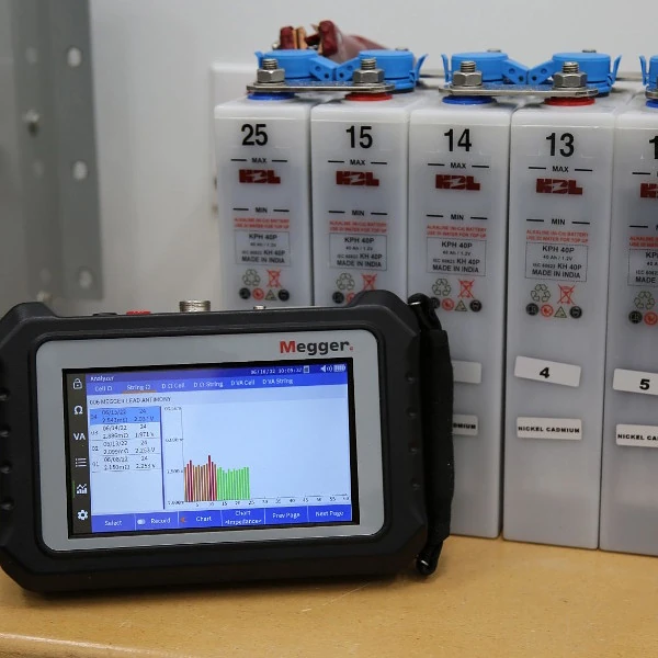 The Megger BITE 5 stood in front of a bank of batteries