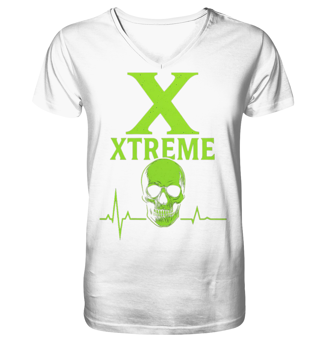 Neon Heartbeat Totenkopf V-Ausschnitt-Shirt Unisex – Xtreme - Heartbeat Neon Skull – Weiß – S