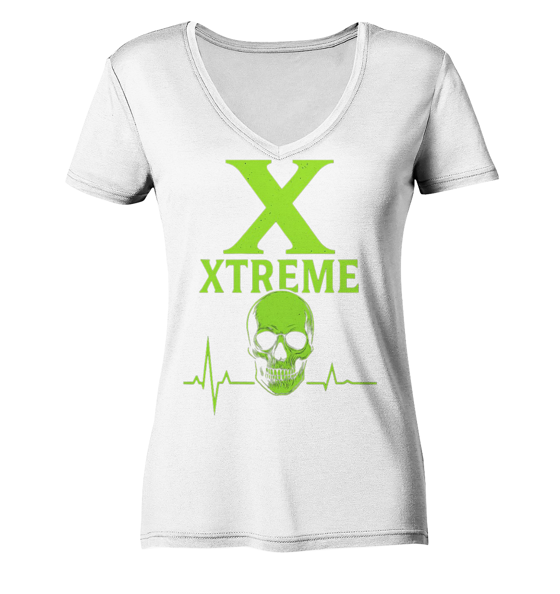 Neon Heartbeat Totenkopf Damen V-Ausschnitt-Shirt – Xtreme - Heartbeat Neon Skull – Weiß – XS
