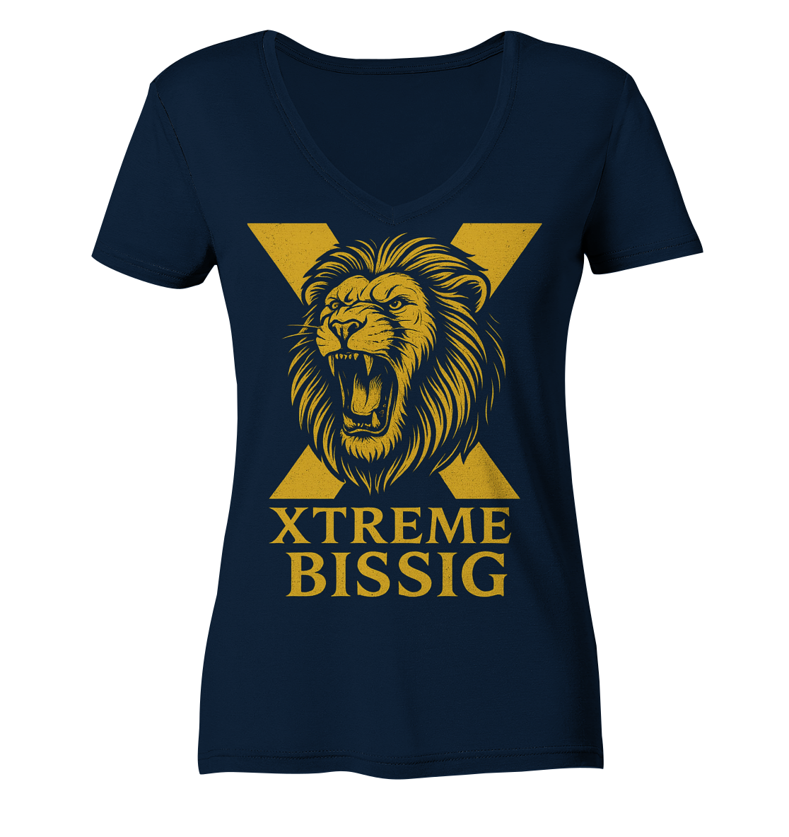 Bissig Damen V-Ausschnitt-Shirt – XTREME BISSIG GOLD – Marineblau – XS