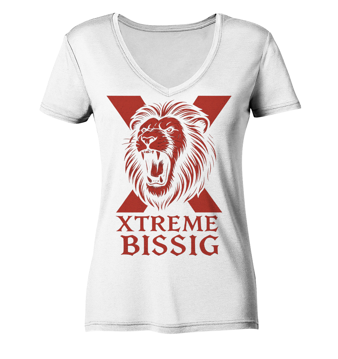 Bissig Damen V-Ausschnitt-Shirt – XTREME BISSIG RED – Weiß – XS