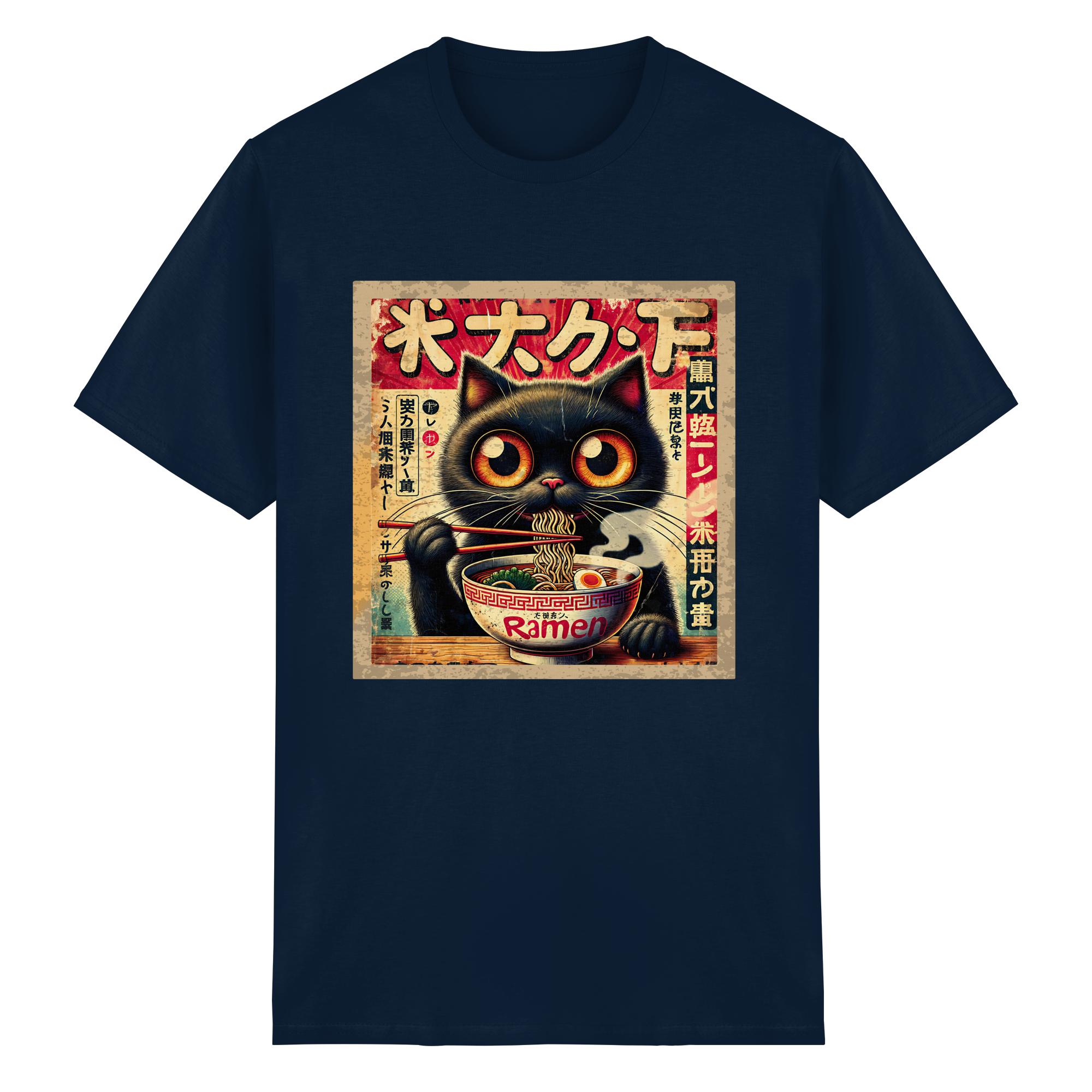 Camiseta Hombre Gato Ramen Fideos Japón Anime Otaku Kawaii Retro Póster Estilo