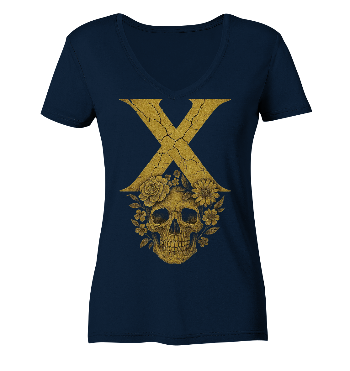 Blumen Damen V-Ausschnitt-Shirt – XTREME FLOWER – Marineblau – XS