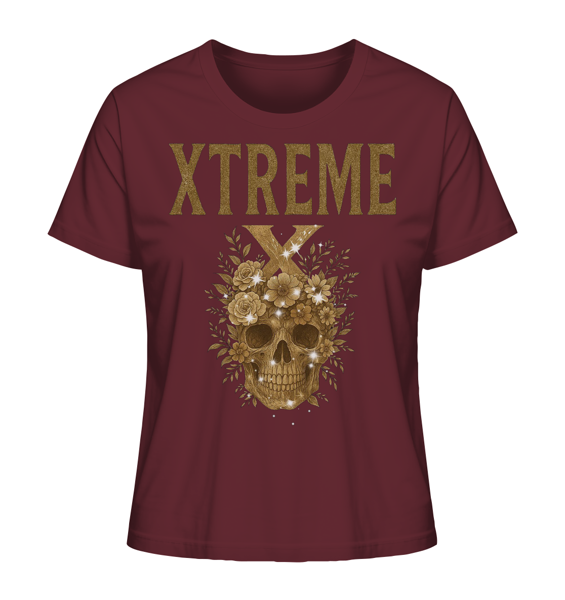 Totenkopf Blumen Damen T-Shirt – XTREME Dark Bloom Skull – Bordeauxrot – XS