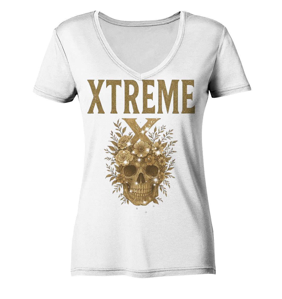 Totenkopf Blumen Damen V-Ausschnitt-Shirt – XTREME Dark Bloom Skull – Weiß – XS