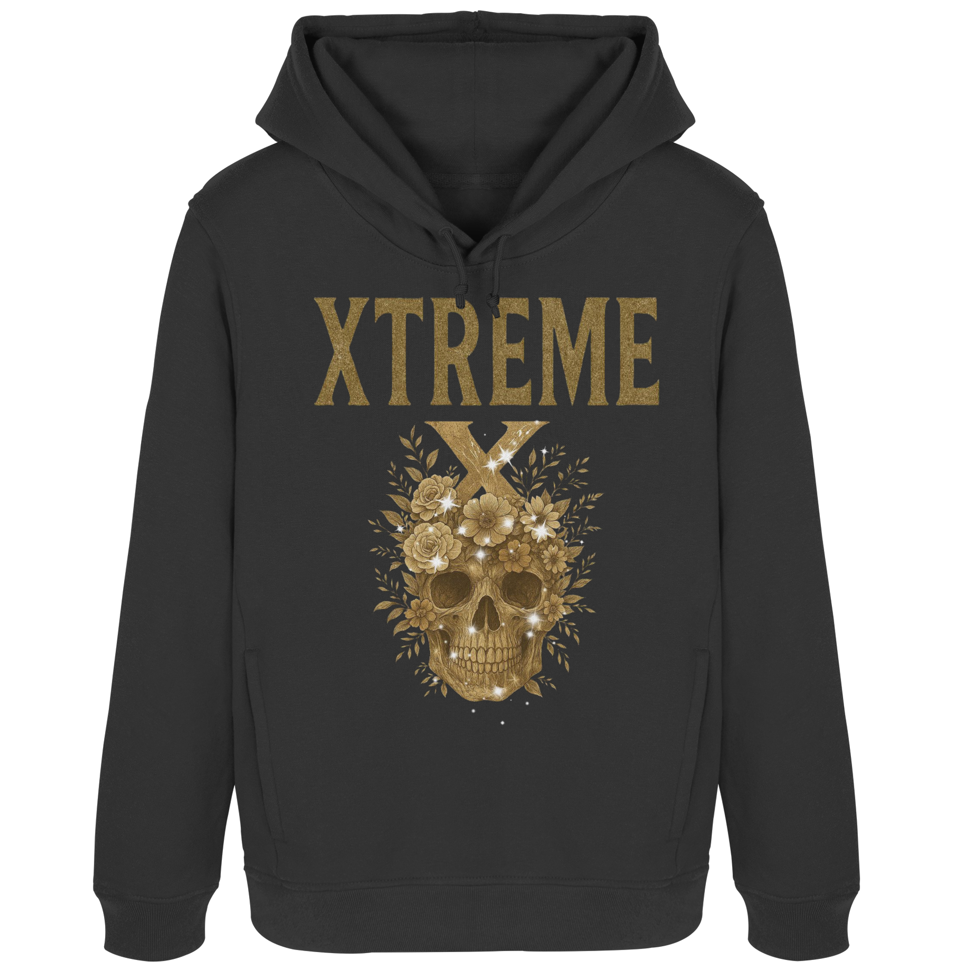 Totenkopf Blumen Damen Kapuzenpullover – XTREME Dark Bloom Skull – Schwarz Pure – XS