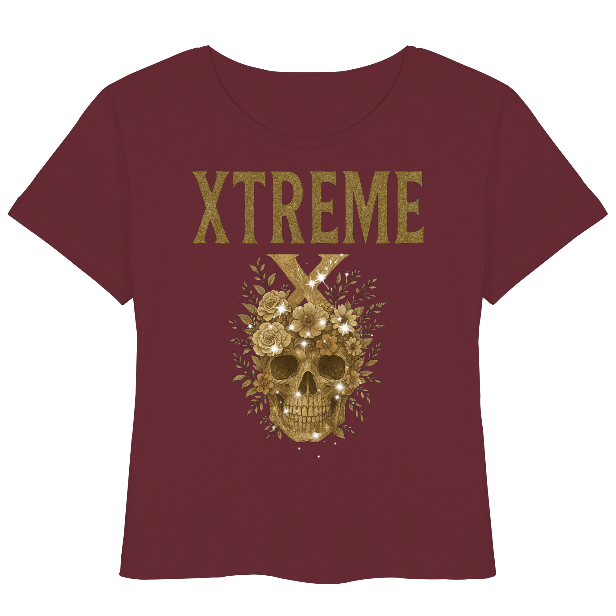 Totenkopf Blumen Damen T-Shirt – XTREME Dark Bloom Skull – Bordeauxrot – XS