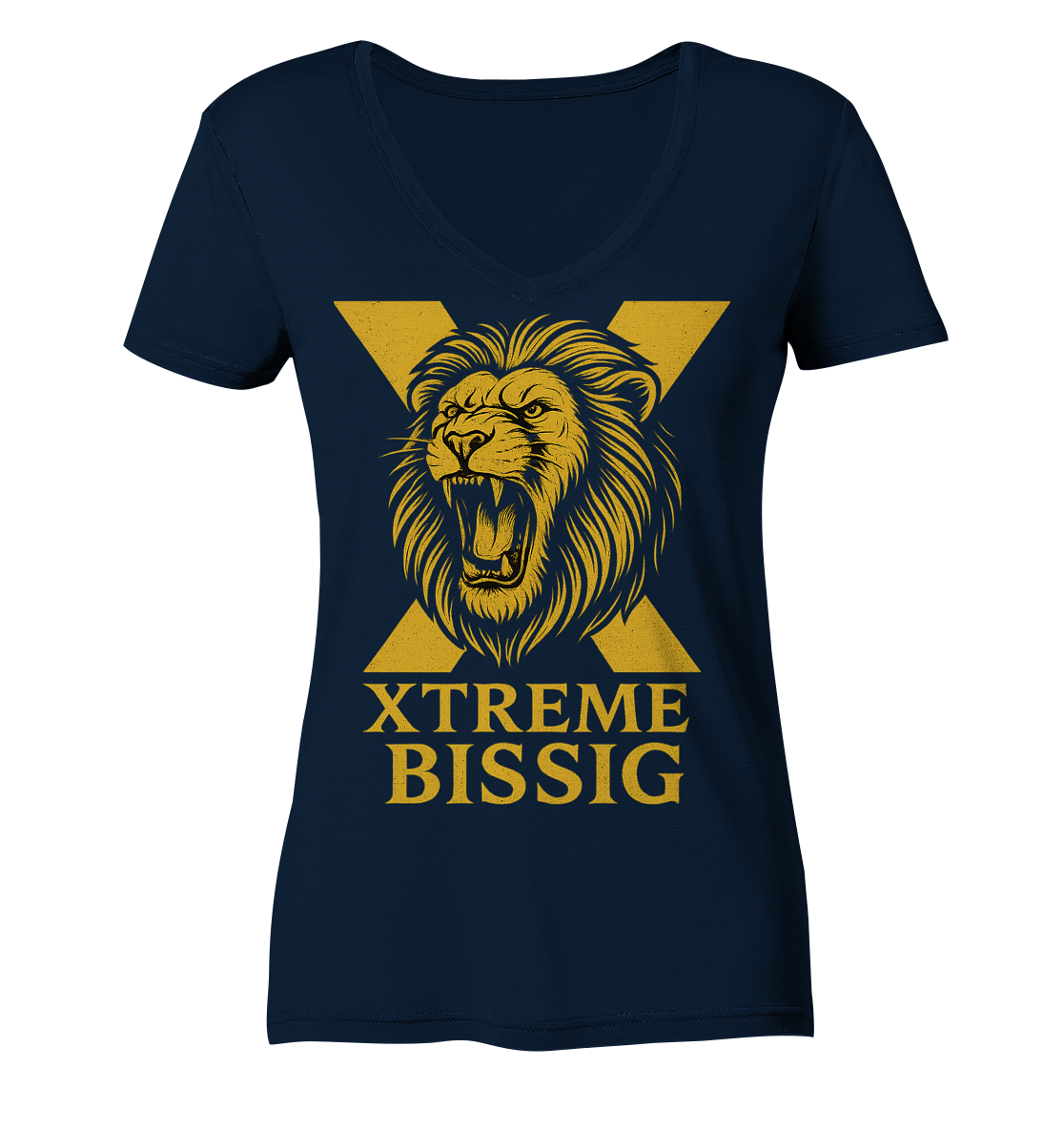 Bissig Damen V-Ausschnitt-Shirt – XTREME BISSIG GOLD – Marineblau – XS