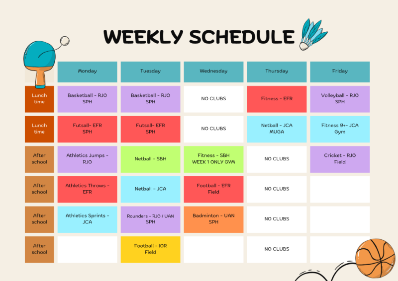 Sports style weekly class schedule
