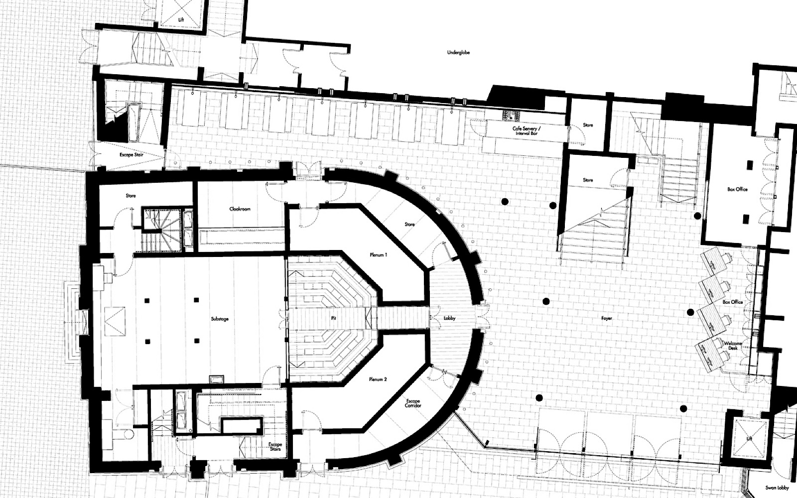 Sam Wanamaker Playhouse Drawings Allies + Morrison A drawing of a birds eye view of an indoor theatre