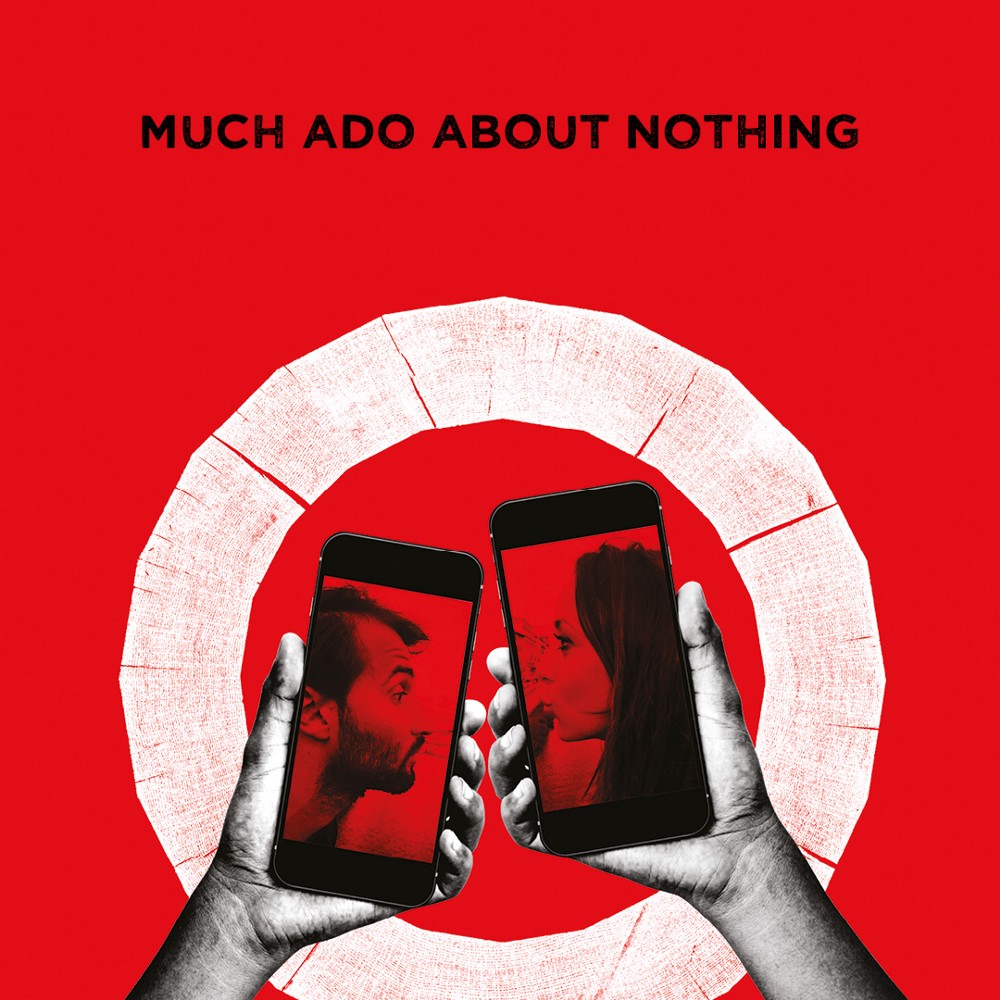 muchadobrandexample Two hands holding mobile phones featuring the faces of a man and a woman in a white circle