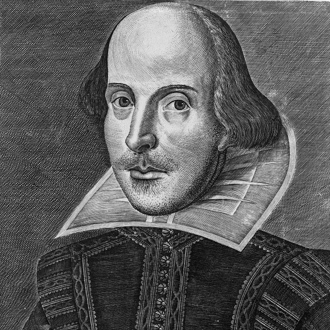 William Shakespeare Portrait Engraving 1st Folio An engraving of a man’s face he has short hair and is wearing Elizabethan dress