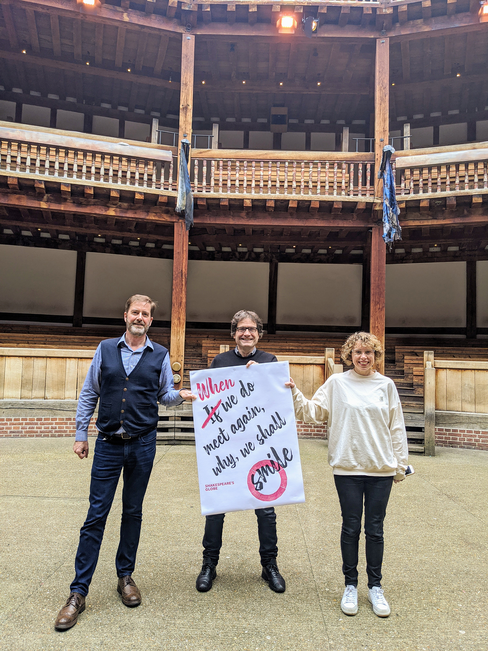 Neil Constable, Patrick Spottiswoode and Michelle Terry in the Globe Theatre Neil Constable, Patrick Spottiswoode and Michelle Terry in the Globe Theatre
