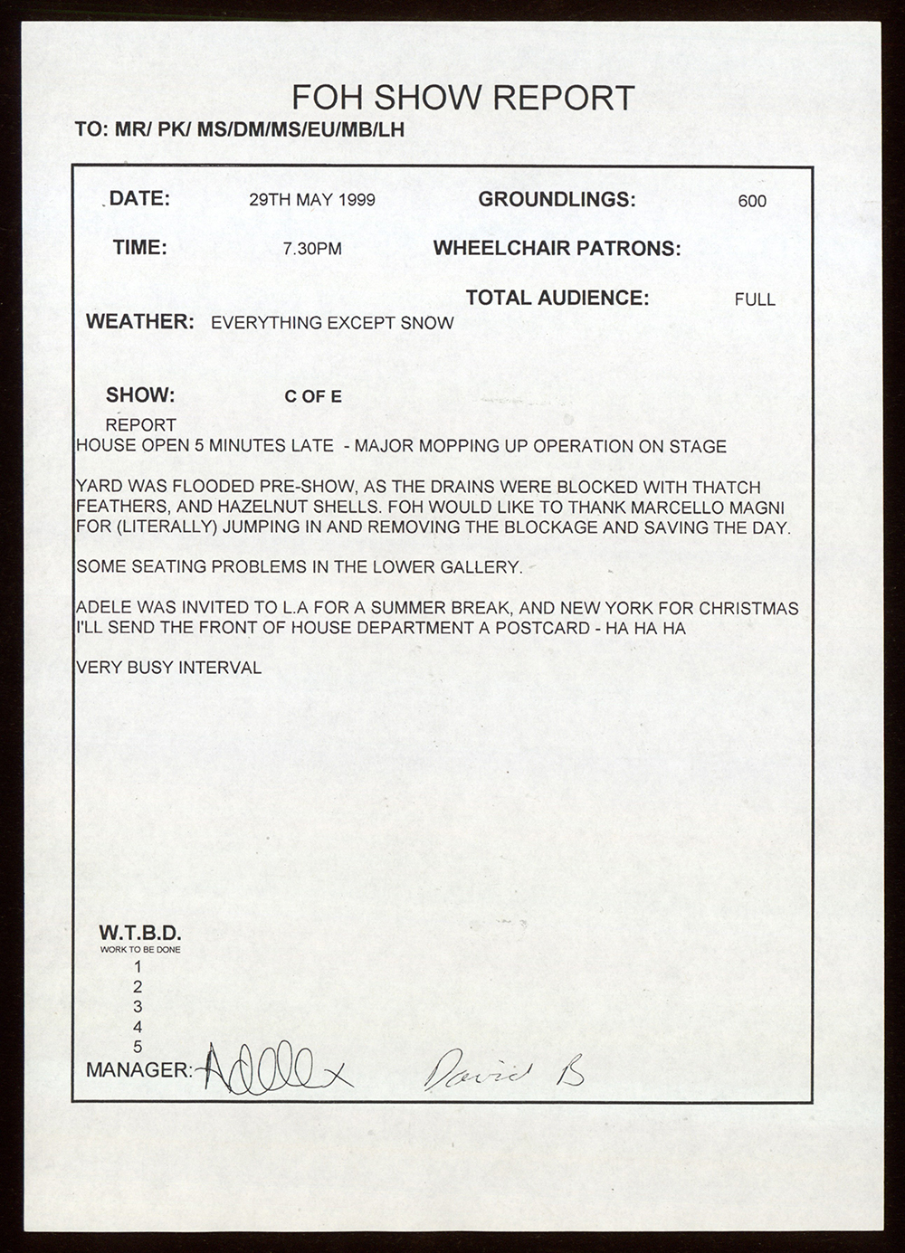 Hazelnuts FoH Report The Comedy of Errors Shakespeare's Globe A document detailing a show report